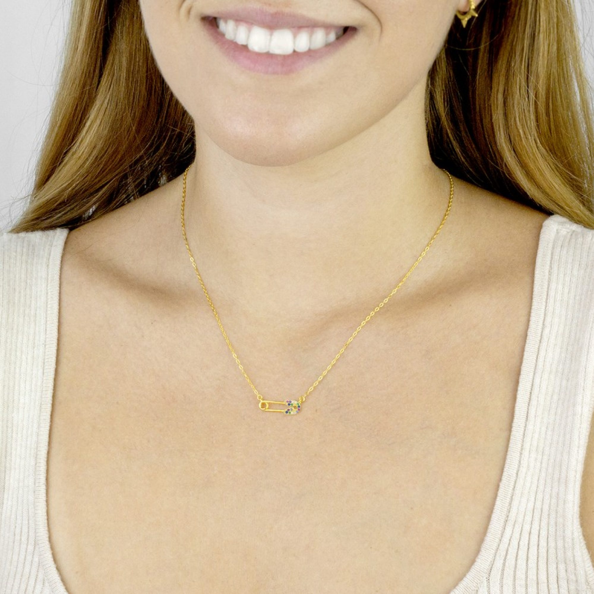 Gold plated safety pin necklace with coloured stones