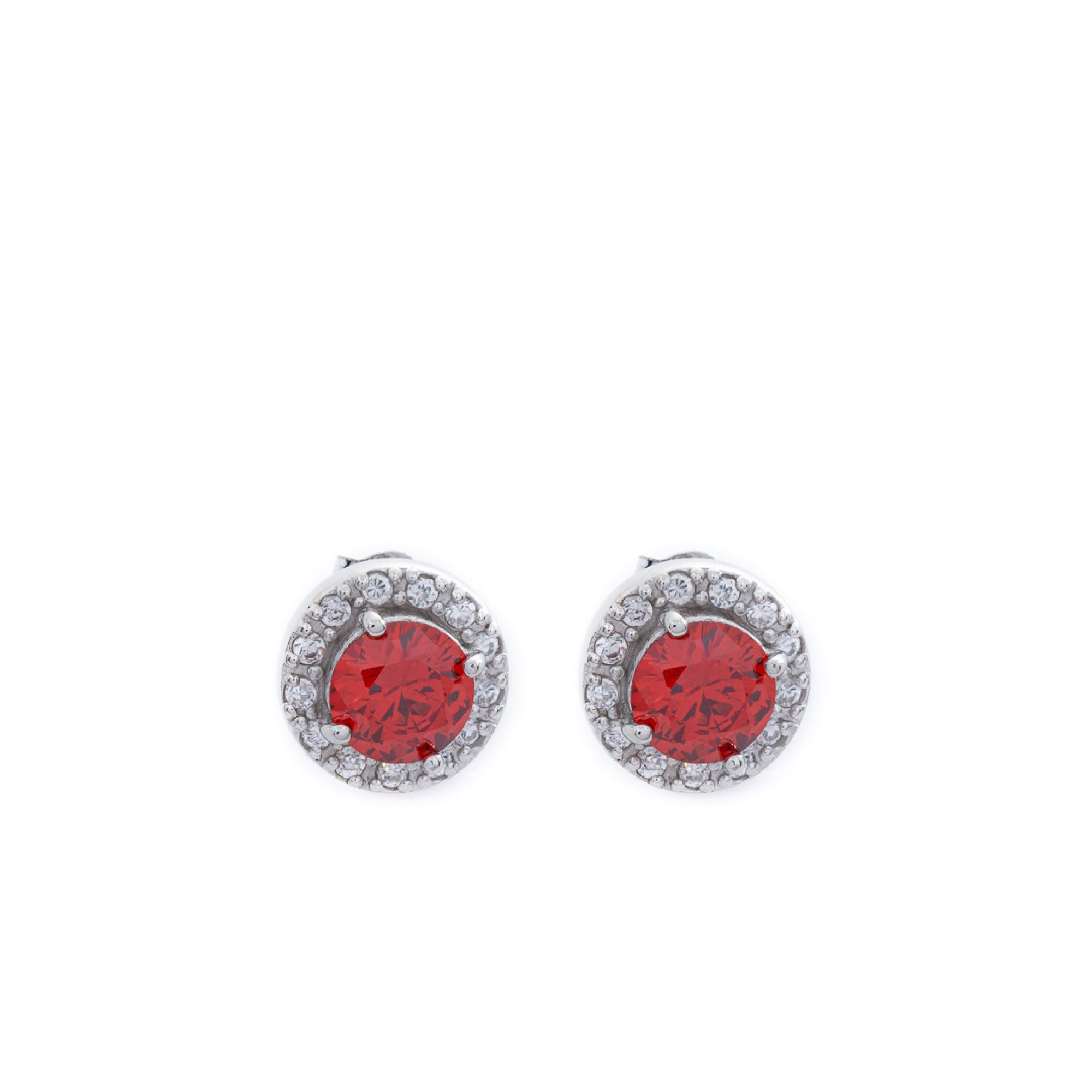 Silver stud earrings with ruby and zircon stones