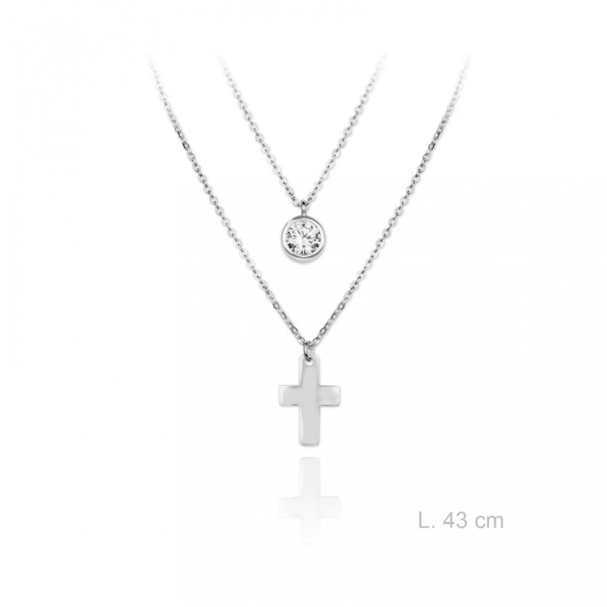 Silver double necklace with zircon stone and cross