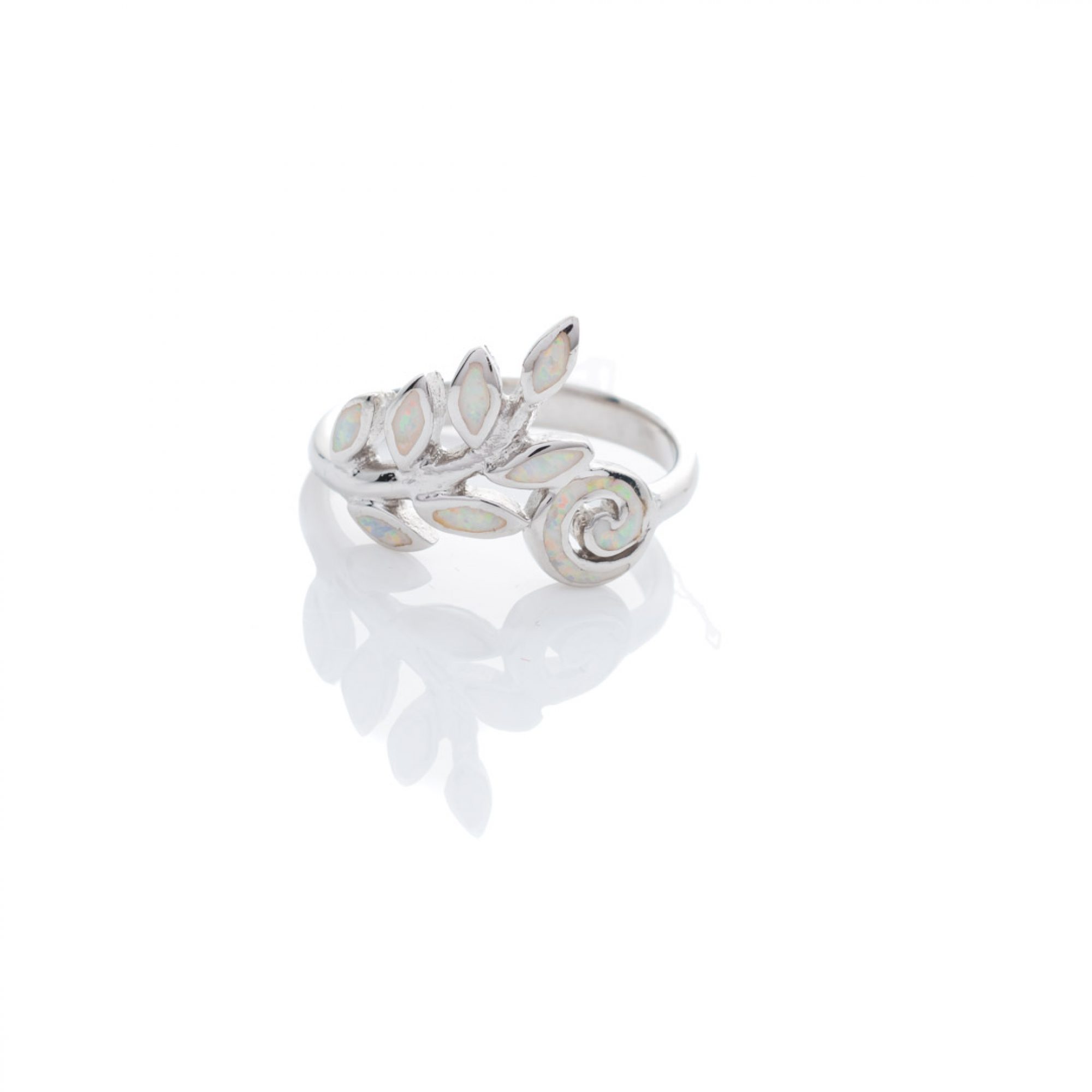 Silver olive branch ring with white opal