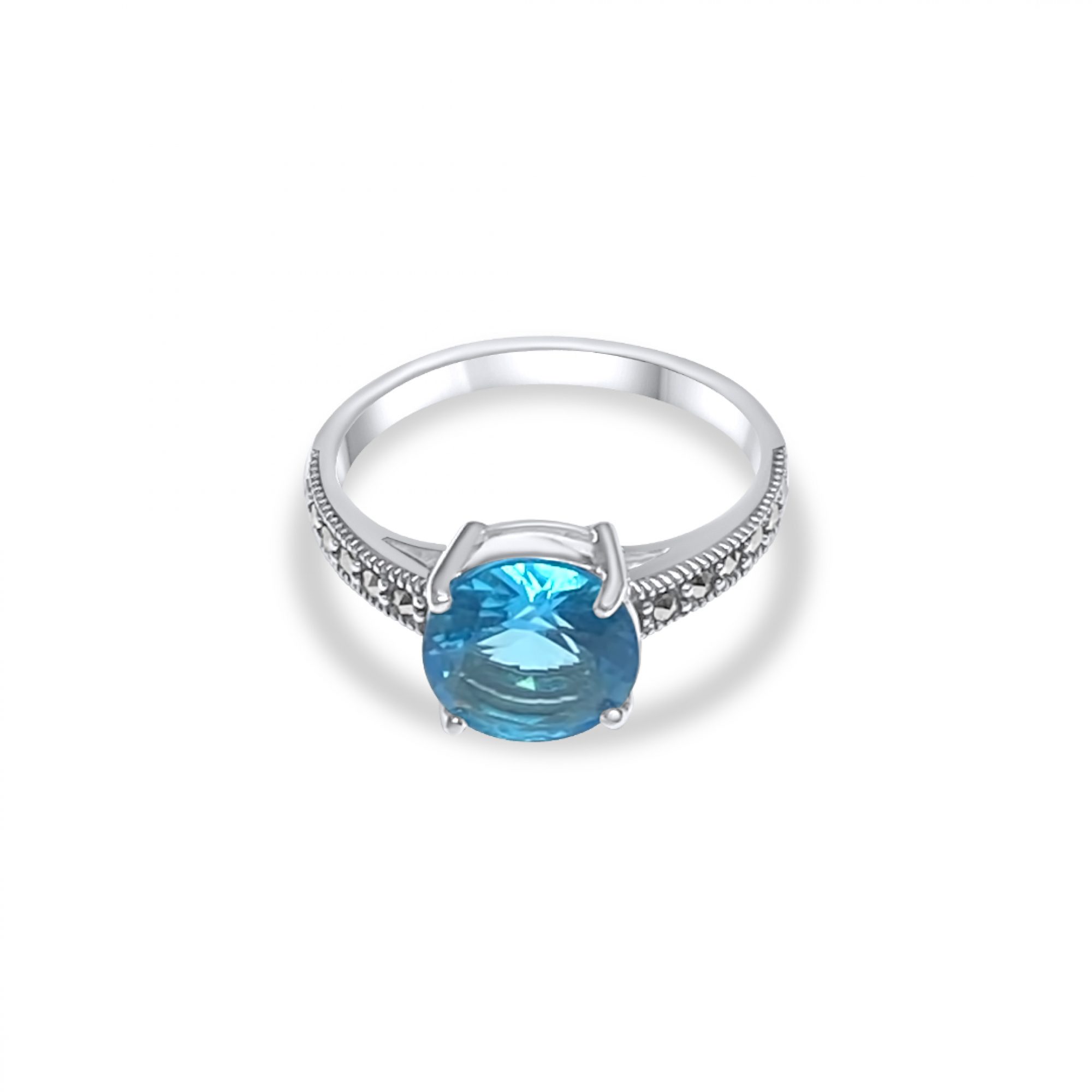 Ring with aquamarine stone and marcasites