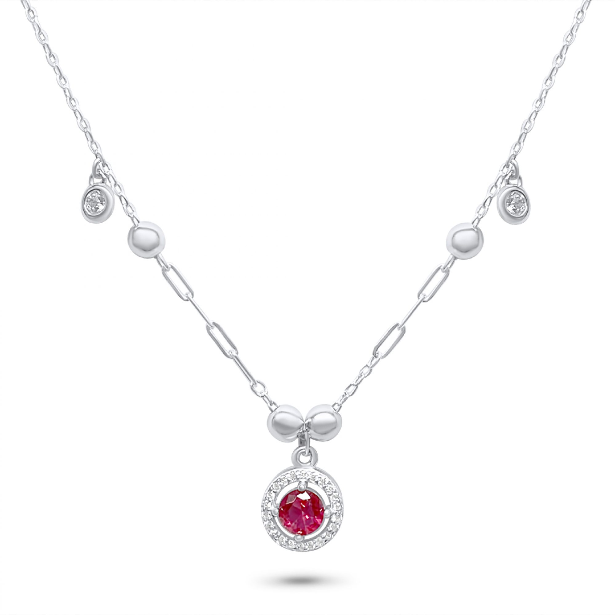 Silver necklace with ruby and zircon stones