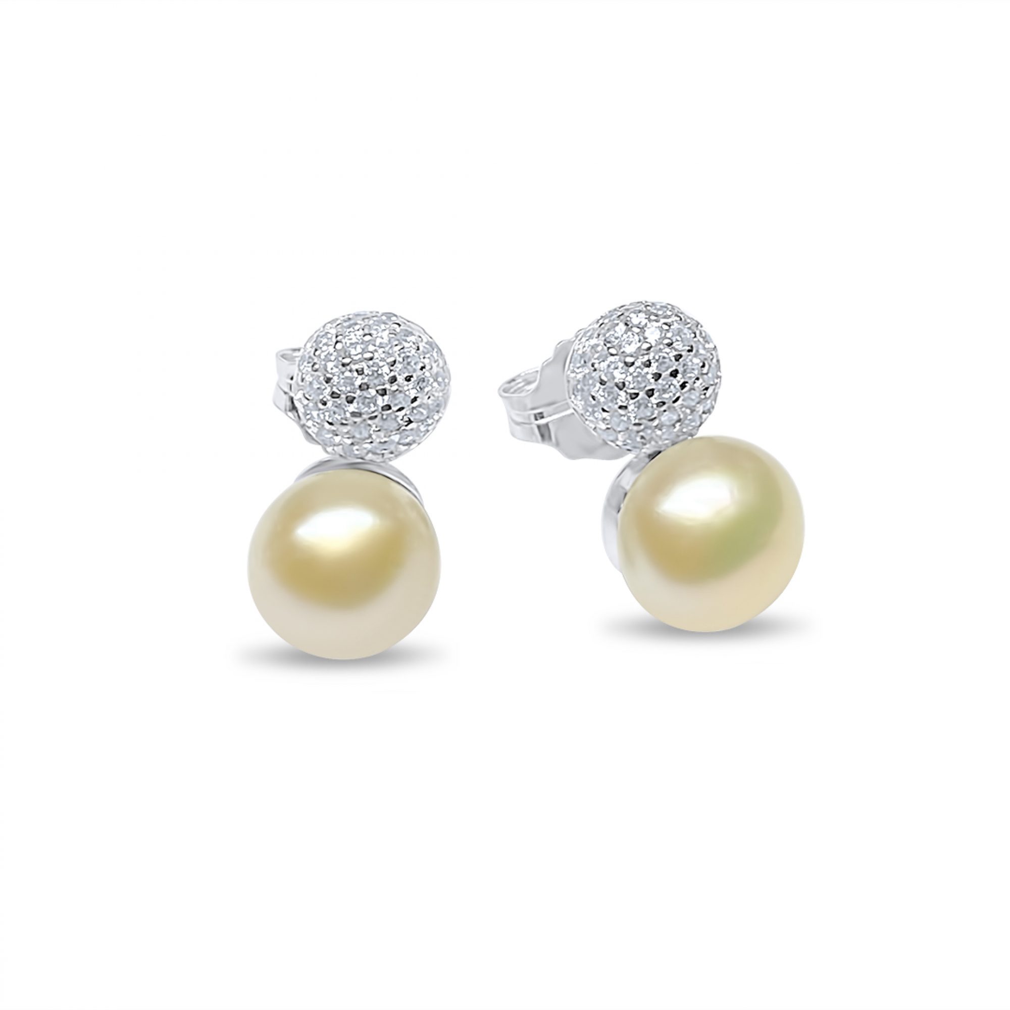 Silver stud earrings with pearl and zircon stones