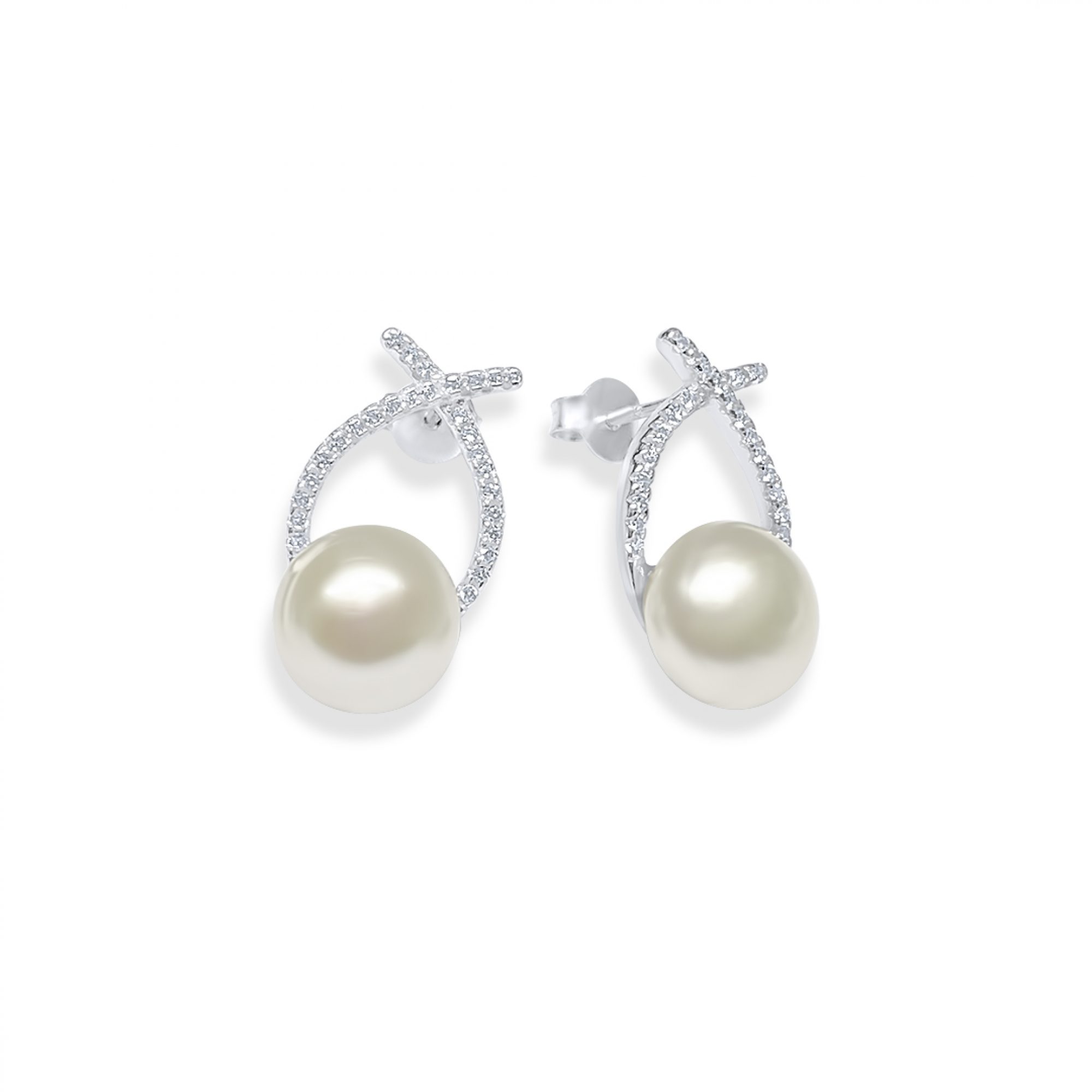 Silver stud earrings with pearl and zircon stones