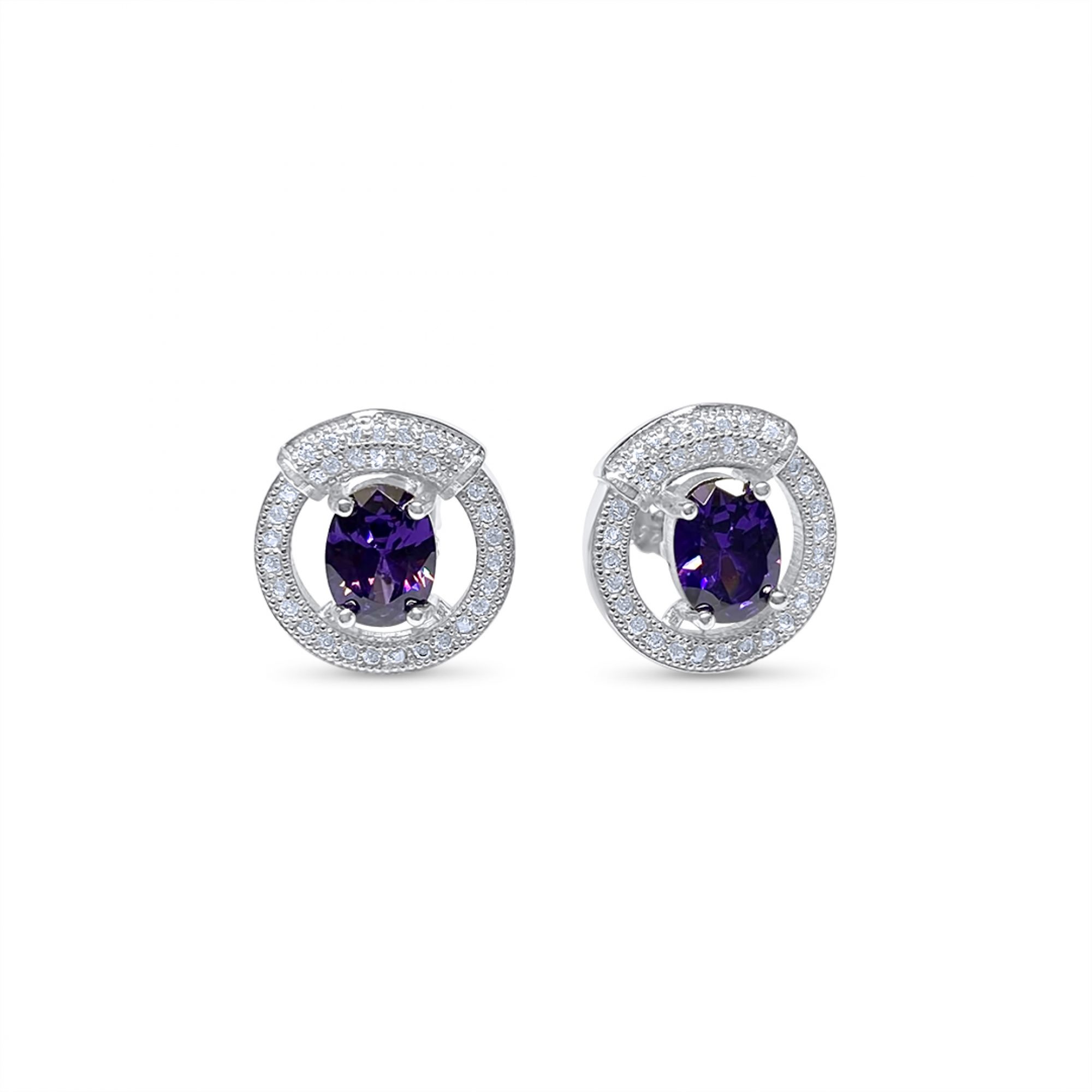 Silver stud earrings with amethyst and zircon stones