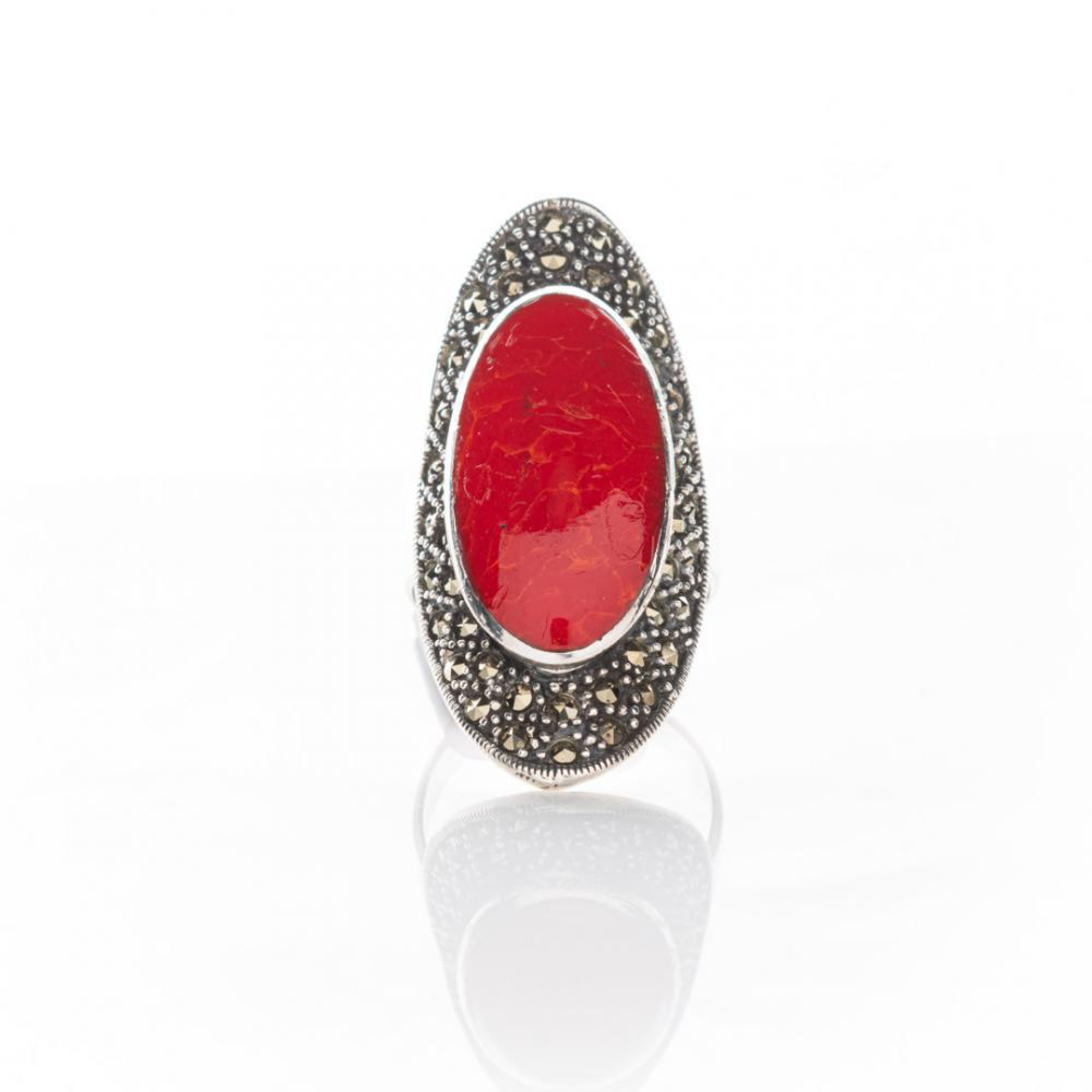 Ring with coral stone and marcasites