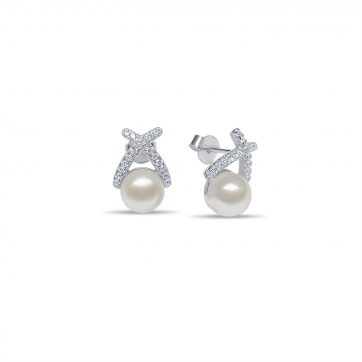 petsios Silver stud earrings with pearl and zircon stones